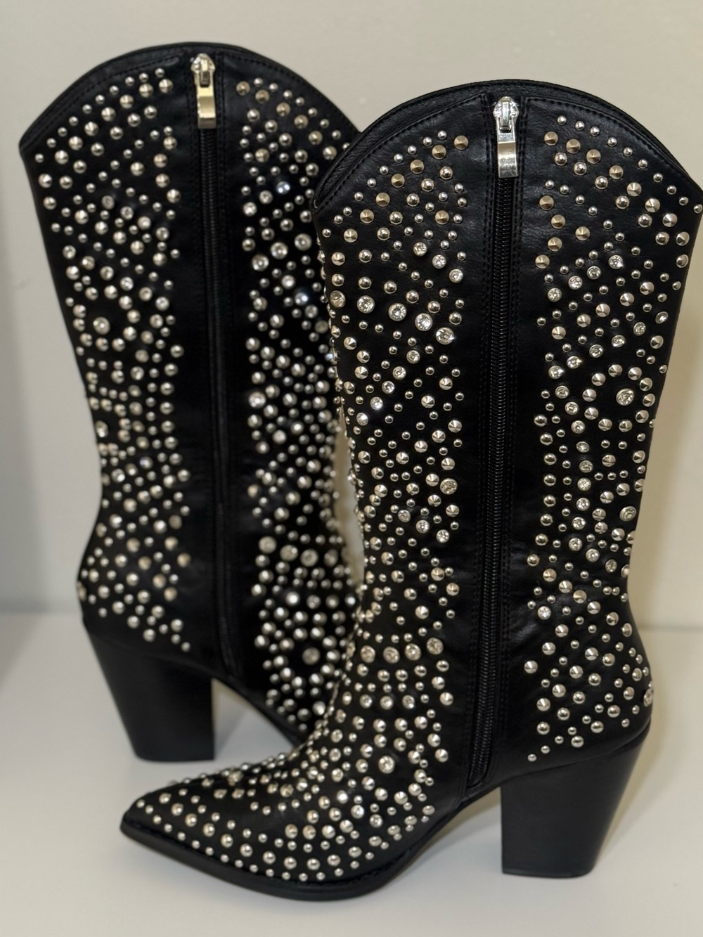 NWB ! Rhinestone Black Mid-Calf Western Cowboy Boots Size 11 Woman Beast Fashion - Picture 6 of 6